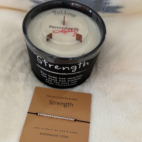 STRENGTH Lot x 2: Black Glass Candle Primitives by Kathy Morse Code Bracelet NEW - Picture 1 of 16